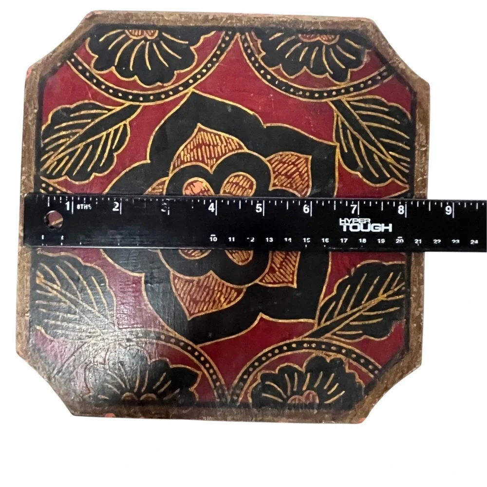 Vintage Hand Painted Wooden Octagonal Jewelry Box Red Black Gold Floral Folk Art